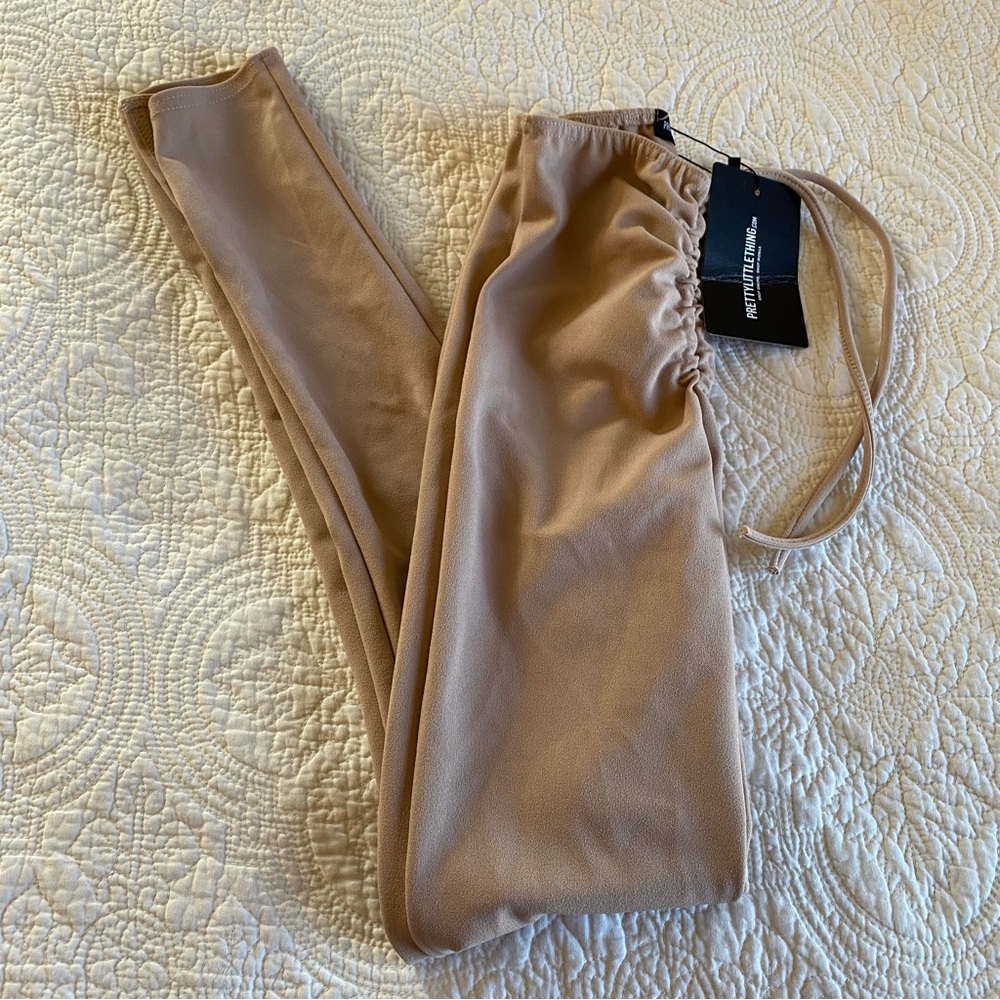 Pretty Little Thing Stone Grepe Ruched Waist Line Split Hem Trouser size 0